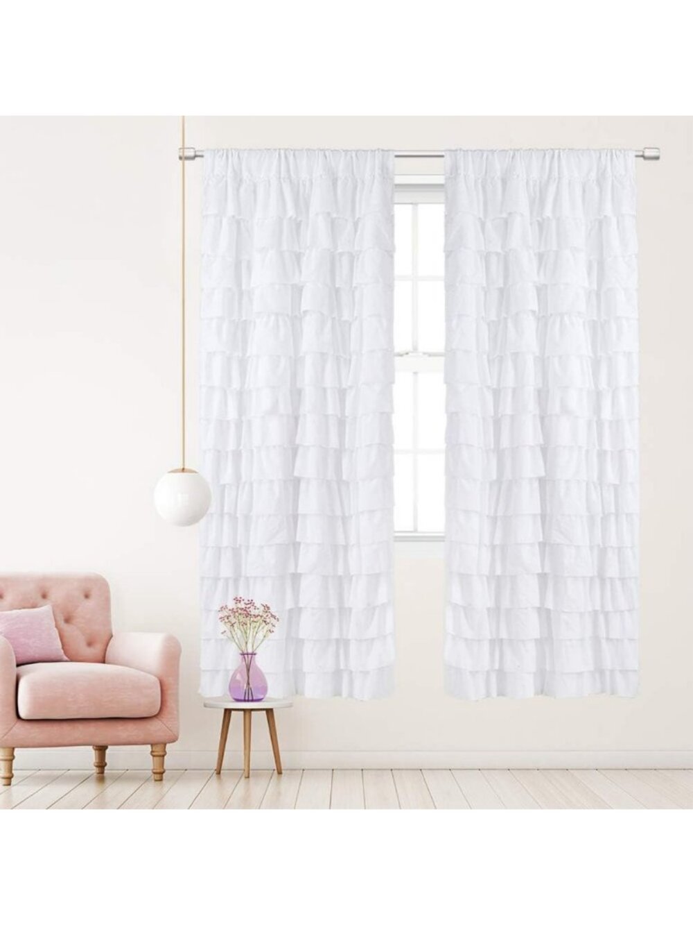 Elegant White Ruffle Curtains for Bedroom & Living Room - 42x84 Inches, Set of 2